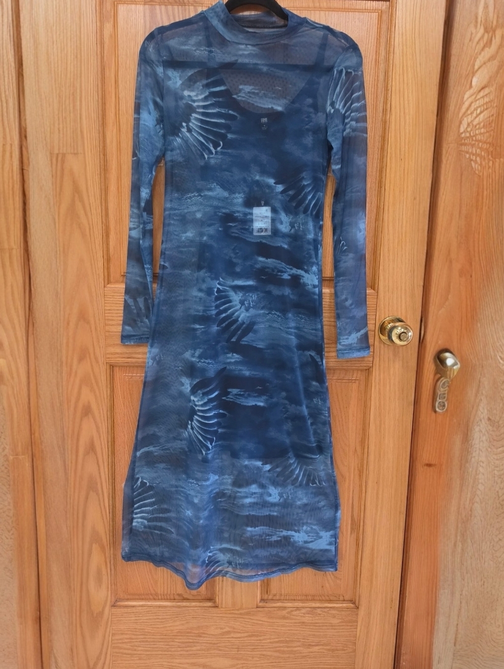 Frye Mainline Women's Ensign Blue Combo Sheer Sleeve Mesh Midi Dress, S, NWT - Picture 3 of 14